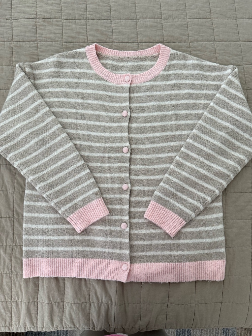 Striped Taupe and Pink Button-Front Women's Sweater. Size Small